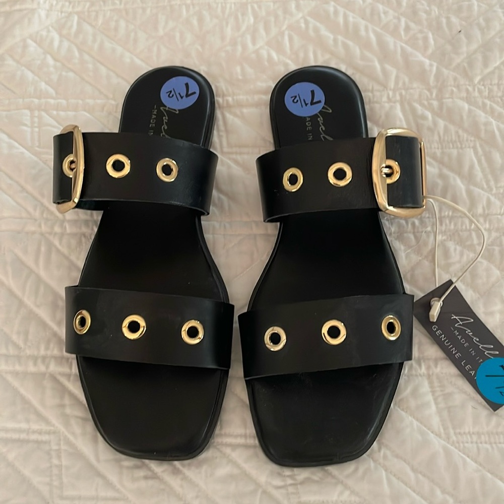 Aurelia Black Leather Slide Sandals with Gold Buckle & Eyelets
